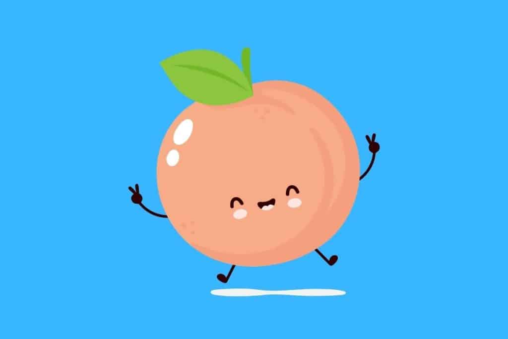 Cartoon graphic of a pink peach smiling and jumping while doing peace signs on a blue background.