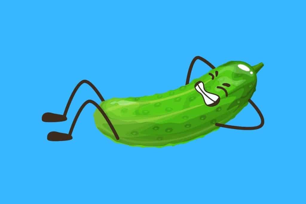 Cartoon graphic of a green pickle trying to do a sit-up on a blue background.