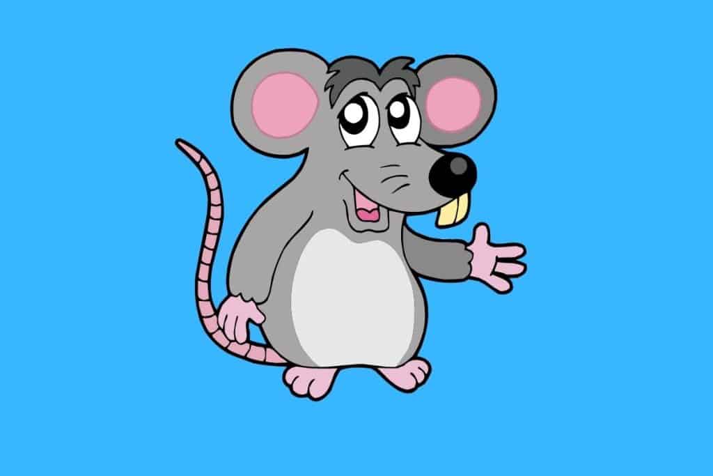 Cartoon graphic of a smiling rat with two buck teeth on a blue background.