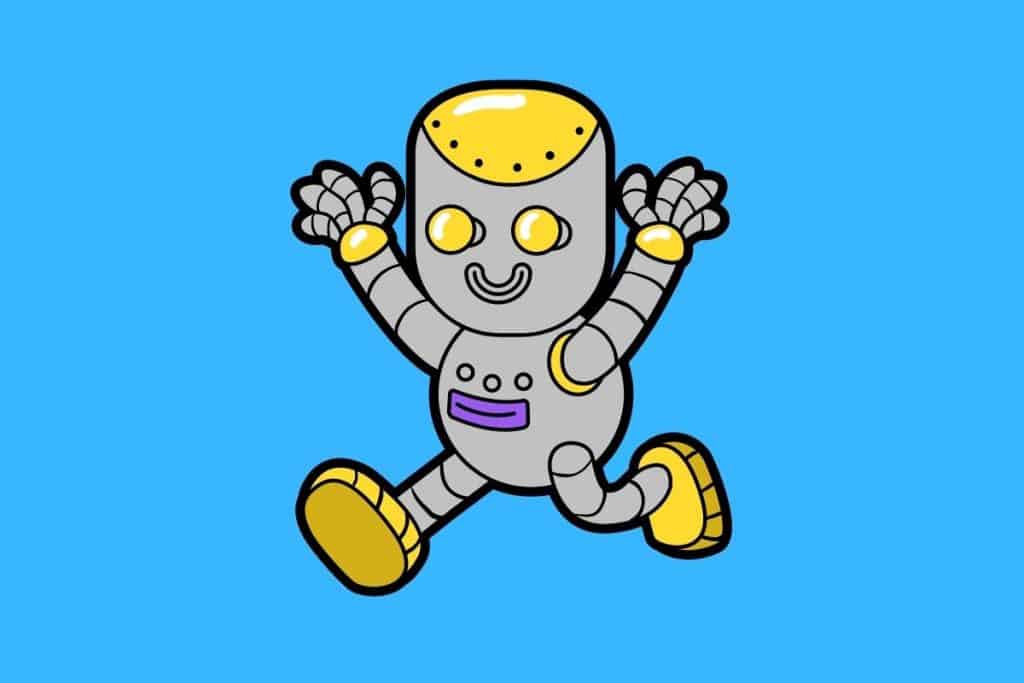 Cartoon graphic of a smiling steel and yellow robot running on a blue background.