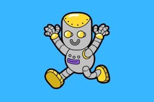 Cartoon graphic of a smiling steel and yellow robot running on a blue background.