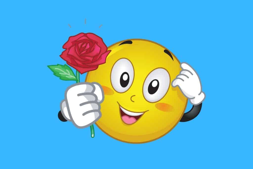 Cartoon graphic of a round smiling face holding a red rose on a blue background.