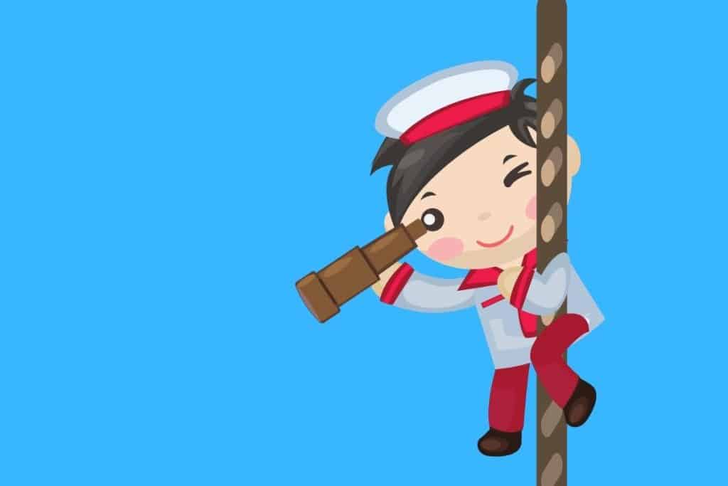 Cartoon graphic of a girl sailor climbing and looking through a telescope on a blue background.