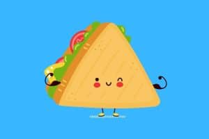 Cartoon graphic of a sandwich showing off its muscles while standing on a blue background.