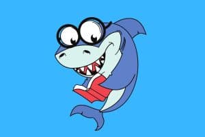 Cartoon graphic of a shark with glasses reading a book on a blue background.