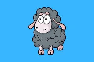 Cartoon graphic of a black sheep on a blue background.