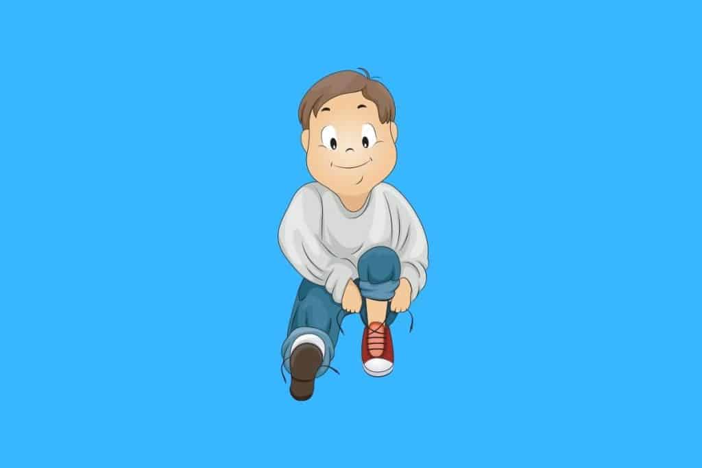 Cartoon graphic of a boy sitting while putting on his shoe on a blue background.