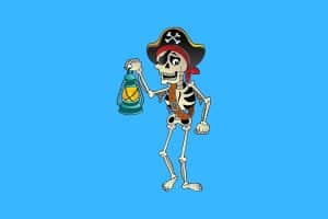 Cartoon graphic of a pirate skeleton holding a lamp on a blue background.