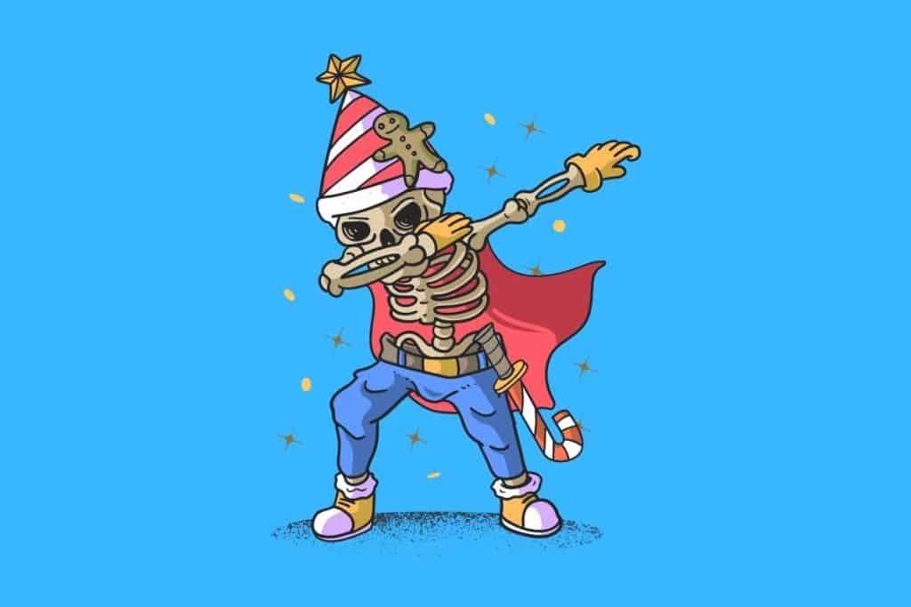 Cartoon graphic of a Santa skeleton doing a dab on a blue background.