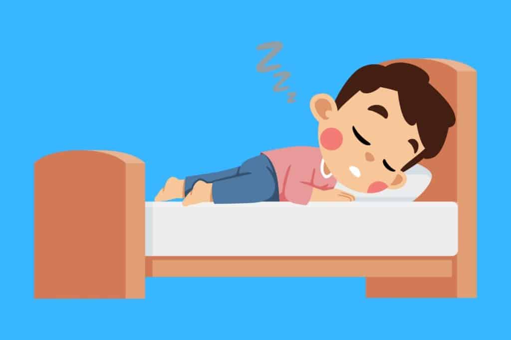 Cartoon graphic of a boy sleeping with Z's over his head on a blue background.
