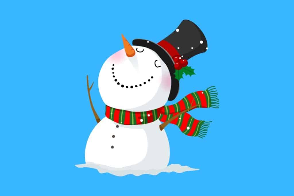 Cartoon graphic of a smiling snowman with a carrot nose and top hat and scarf on a blue background.