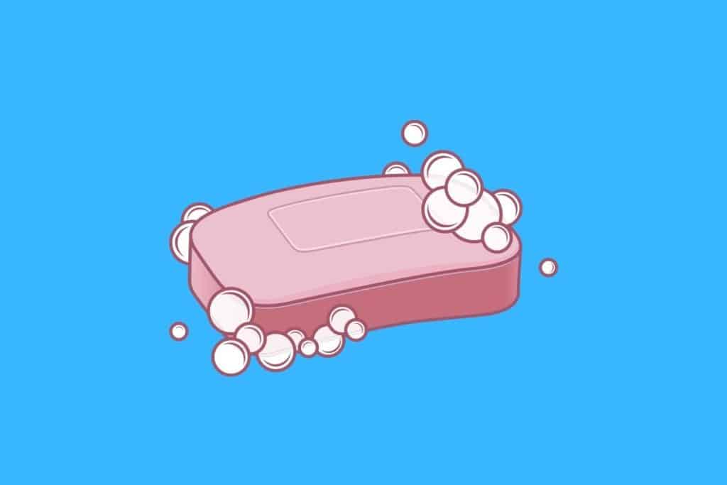 Cartoon graphic of a pink soap with suds on it on a blue background.