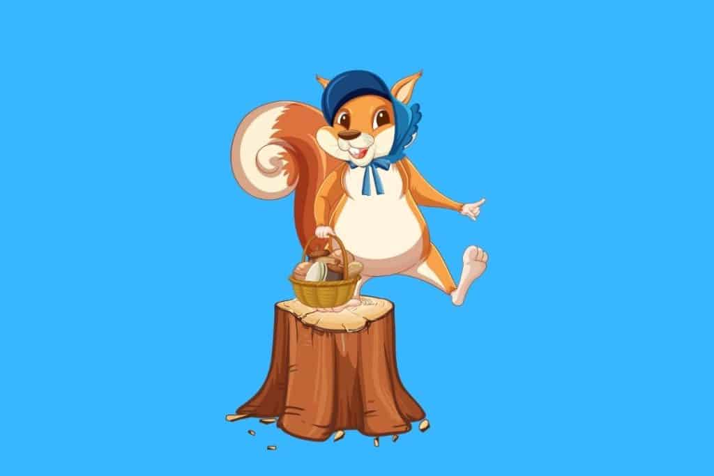 Cartoon graphic of a squirrel with a bonnet standing on a tree trunk on a blue background.