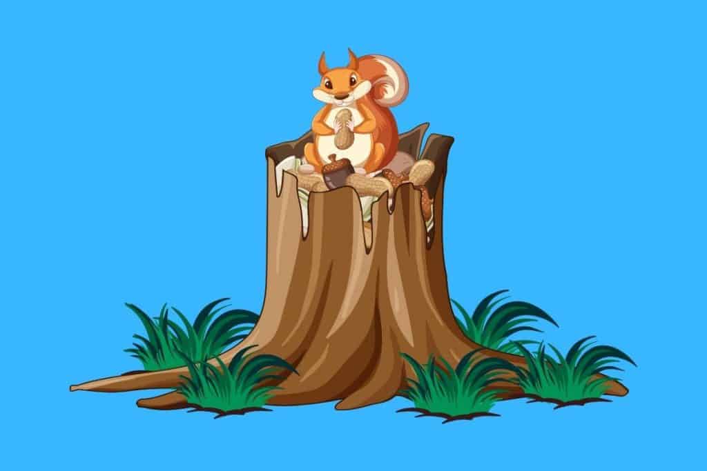 Cartoon graphic of a squirrel on a tree stump filled with nuts on a blue background.