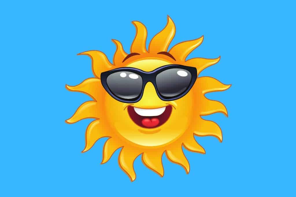 Cartoon graphic of a smiling sun with sunglasses on a blue background.