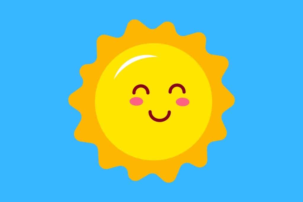 Cartoon graphic of a smiling sun with its eyes closed on a blue background.