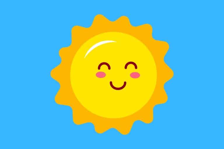 Cartoon graphic of a smiling sun with its eyes closed on a blue background.