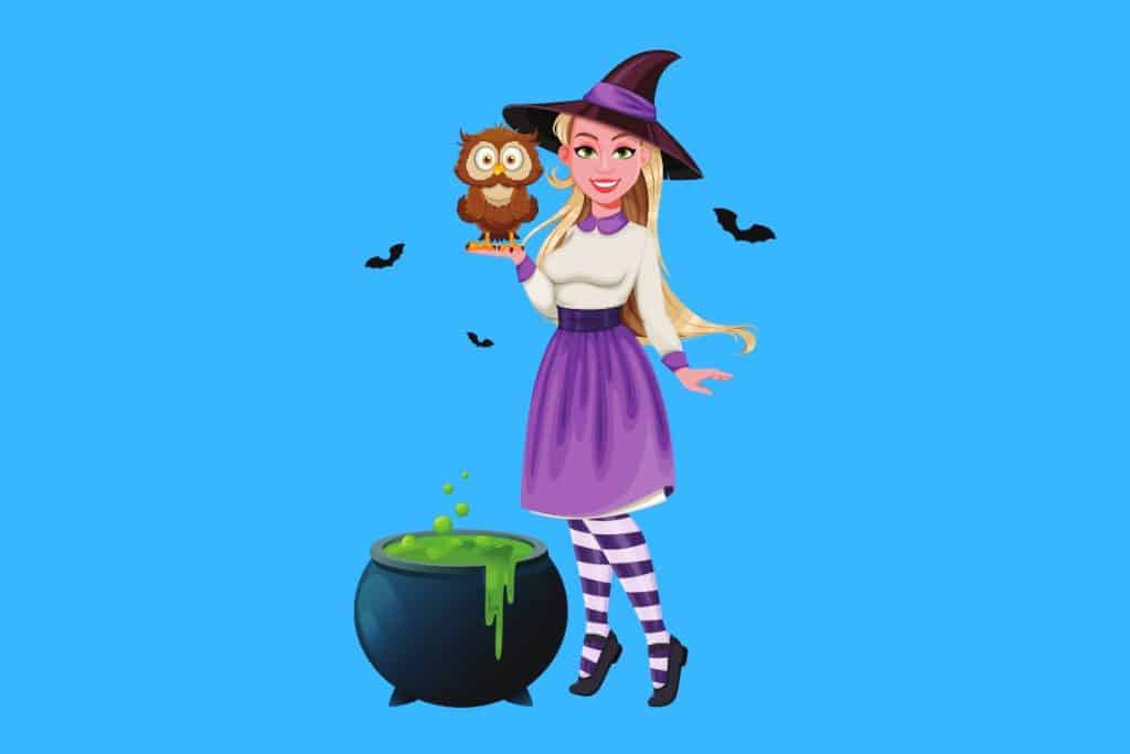 Cartoon graphic of a young witch with a cauldron and holding an owl on a blue background.