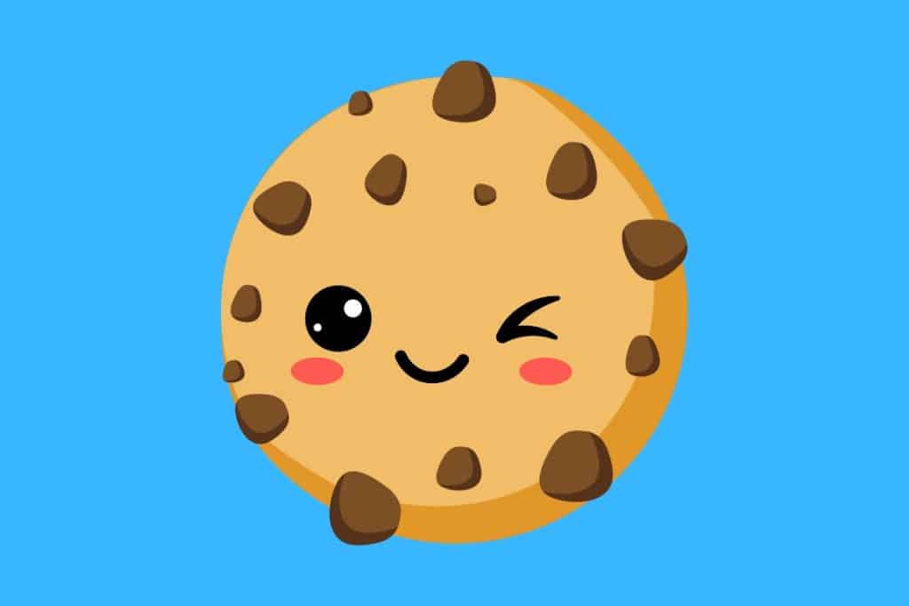 Cartoon graphic of a winking chocolate chip cookie on a blue background.