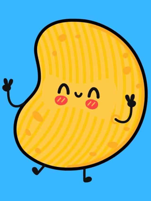 Cartoon graphic of a potato chip smiling and doing peace signs with its hands on a blue background.