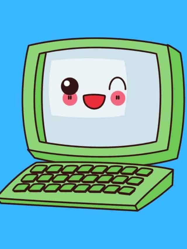 Cartoon graphic of a green computer with a winking face on a blue background.