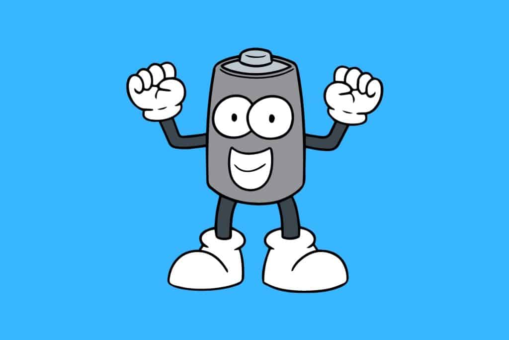 Cartoon graphic of a grey battery smiling with arms in the air on a blue background.