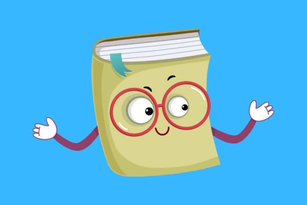 Cartoon graphic of a book with glasses and hands on a blue background.