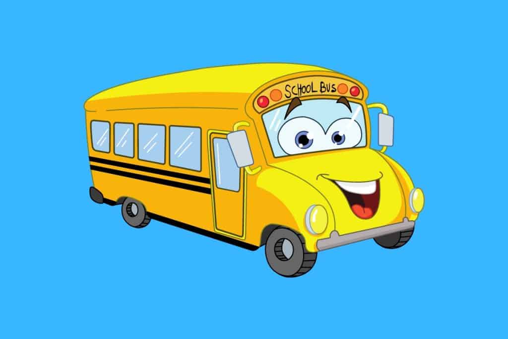 Cartoon graphic of a yellow bus with eyes and a smile on a blue background.