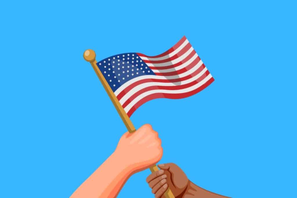 Cartoon graphic of two hands holding a small US flag on a pole on a blue background.