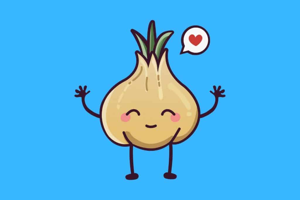 Cartoon graphic of a smiling garlic standing with a love heart near its head on a blue background.