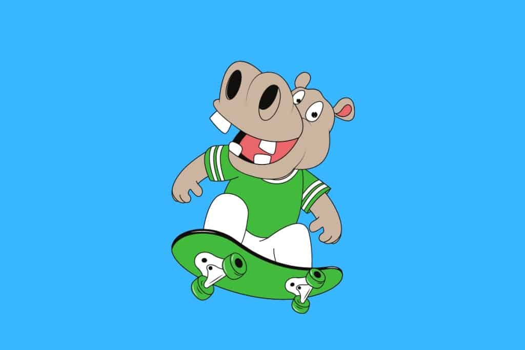 Cartoon graphic of a young hippo wearing clothes and riding a skateboard on a blue background.