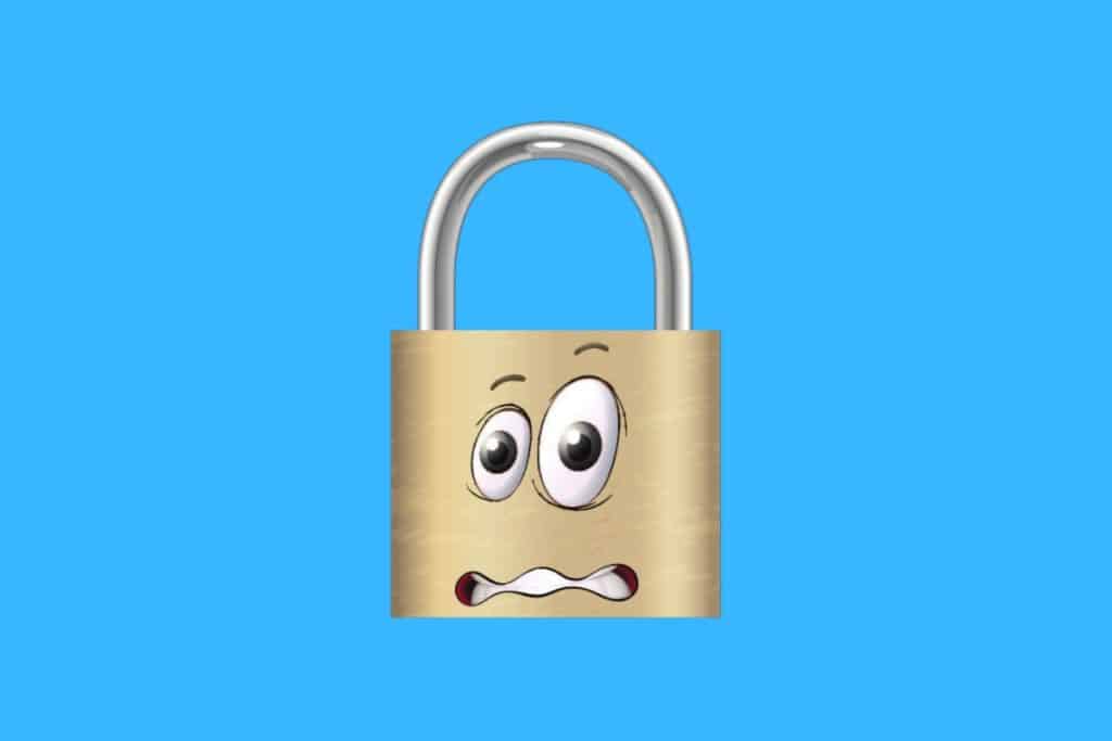 Cartoon graphic of a lock with a nervous face on a blue background.