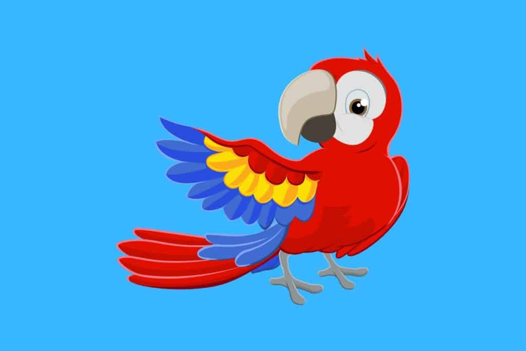 Cartoon graphic of a parrot with one of its wings spread out on a blue background.