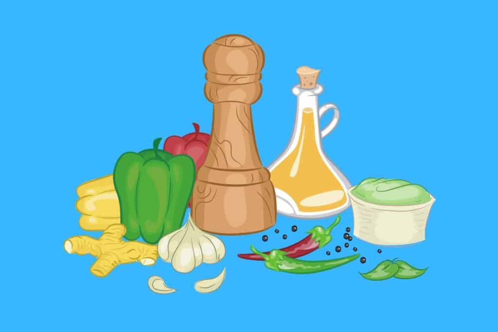 Cartoon graphic of a range of spices and peppers on a blue background.