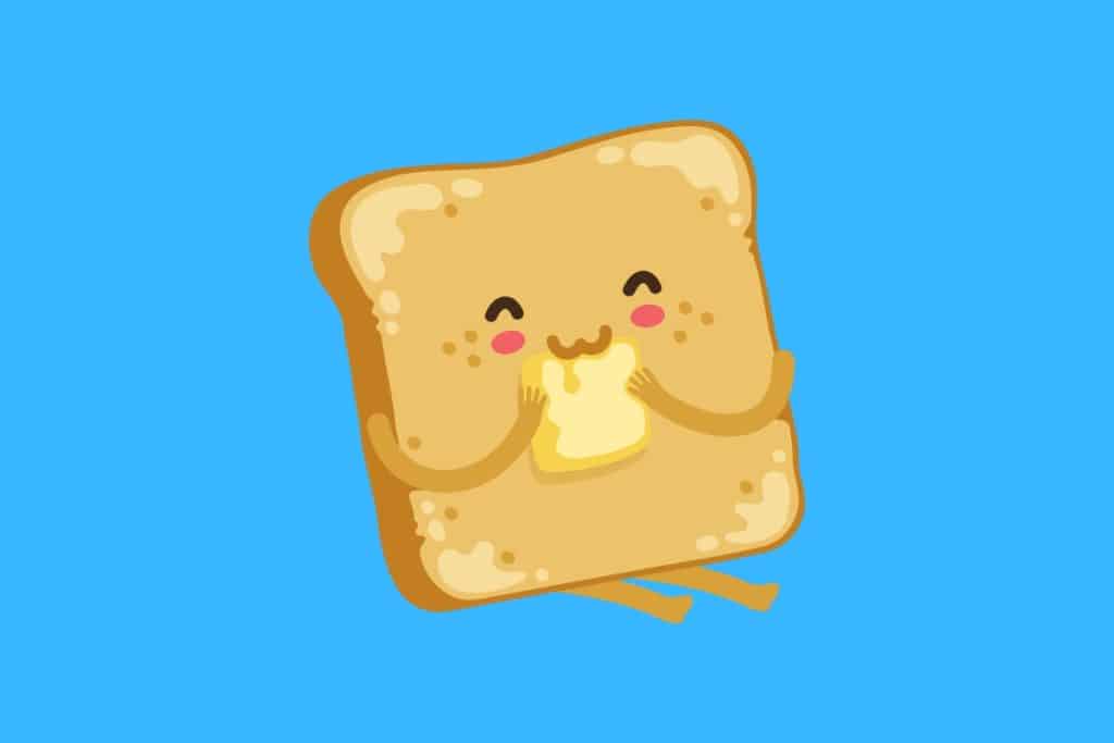 Cartoon graphic of a piece of toast eating a piece of toast while smiling on a blue background.