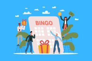 Cartoon graphic of 4 people with a giant bingo card on a blue background.