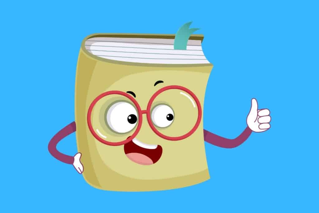 Cartoon graphic of a book with glasses doing the thumbs up on a blue background.