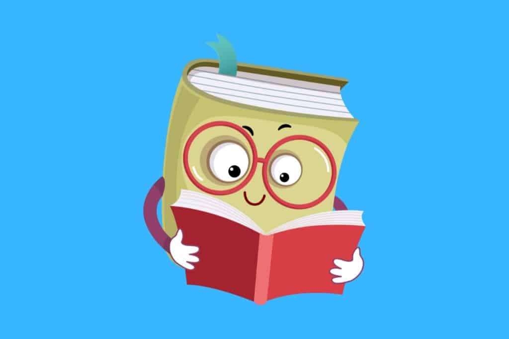 Cartoon graphic of a book with glasses reading a book on blue background.