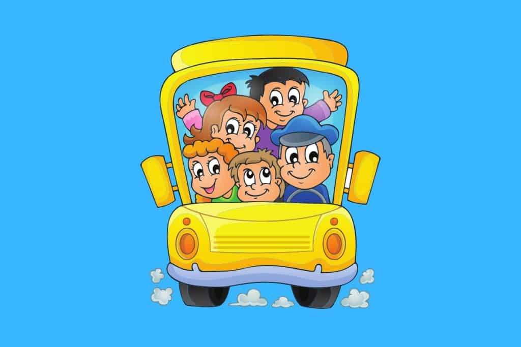 Cartoon graphic of lots of kids and a bus driver in a bus head on, on a blue background.