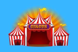 Cartoon graphic of a big circus tent with a sign saying circus on it on a blue background.