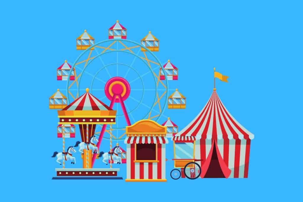 Cartoon graphic of a circus tent, Ferris wheel and merry go round on a blue background.