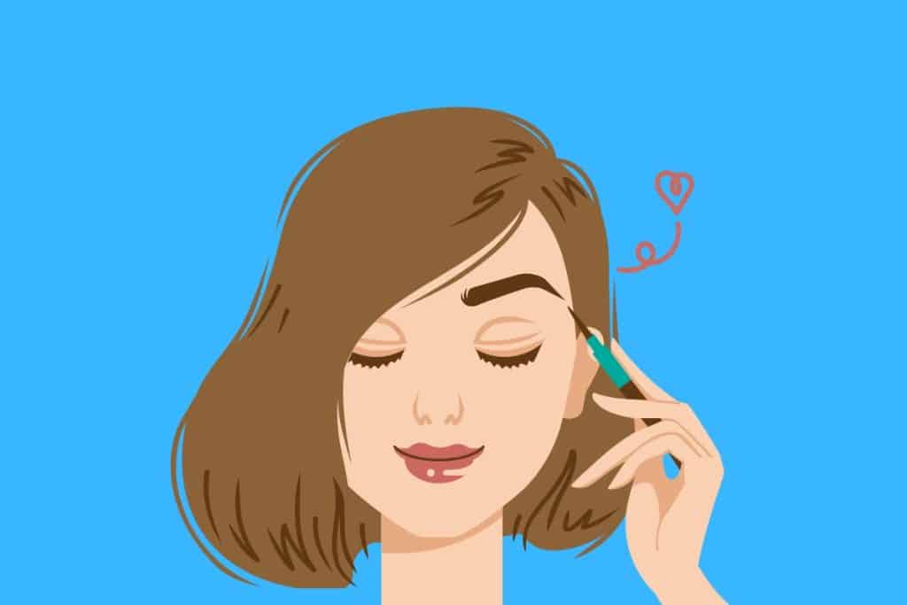 Cartoon graphic of a woman with eyes closed penciling on her eyebrow on a blue background.