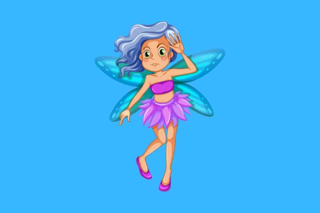 Cartoon graphic of a fairy with blue wings and blue hair on a blue background.