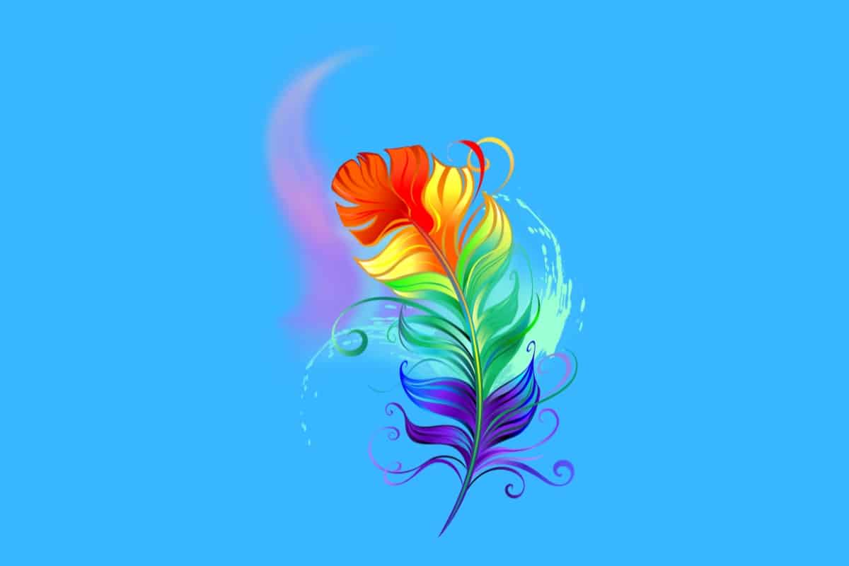 Cartoon graphic of a rainbow-colored feather on a blue background.