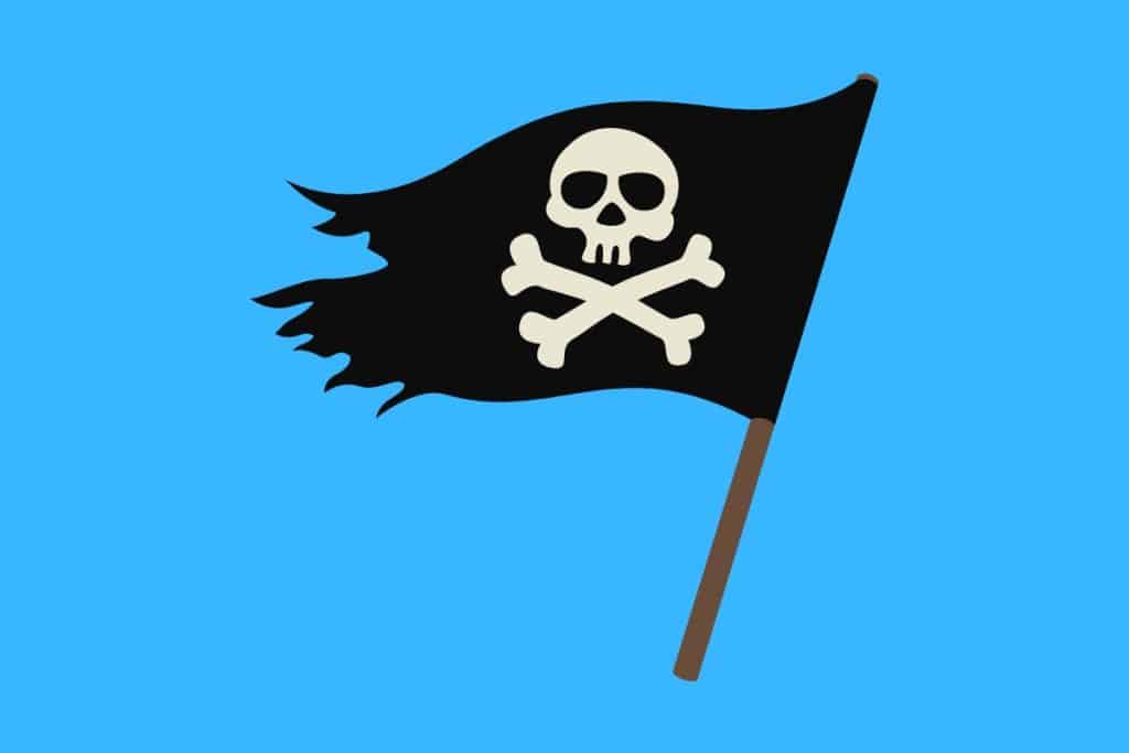 Cartoon graphic of a pirate flag on a blue background.