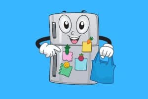 Cartoon graphic of a smiling fridge pointing to itself on a blue background.
