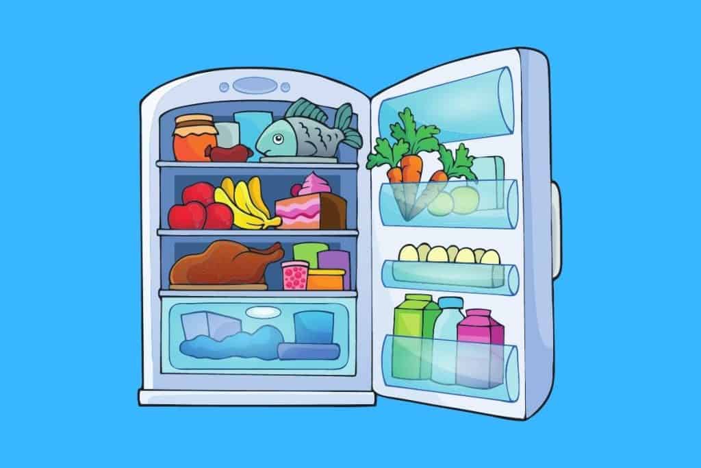 Cartoon graphic of an open fridge with lots of food inside on a blue background.