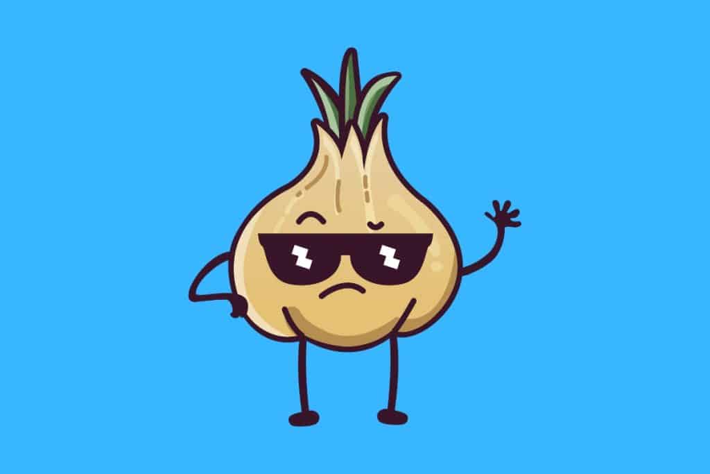 Cartoon graphic of standing and waving garlic wearing sunglasses on a blue background.