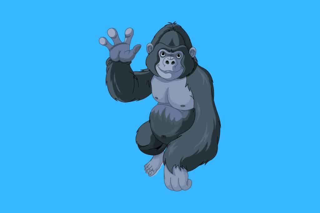 Cartoon graphic of a gorilla waving on a blue background.