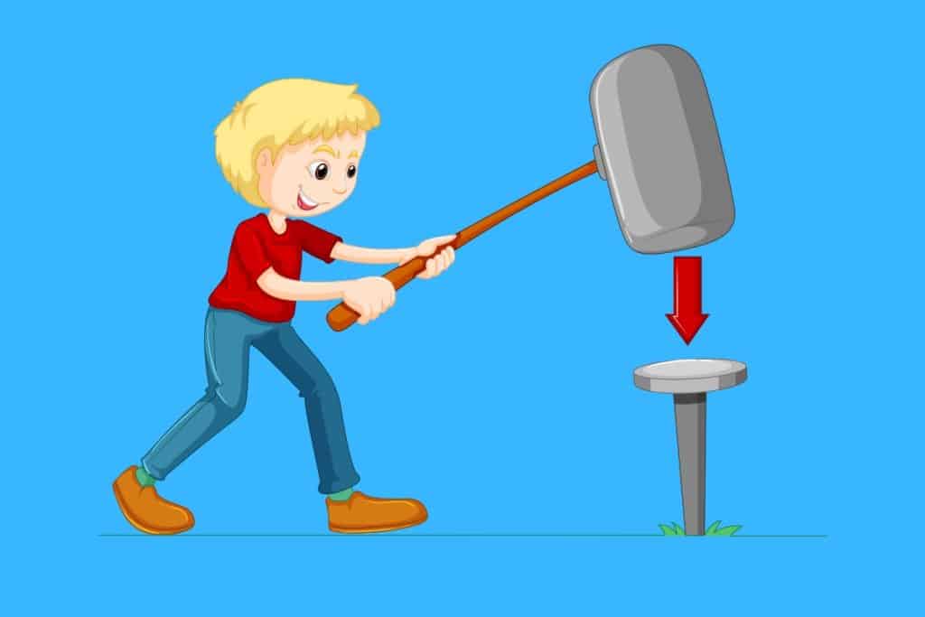 Cartoon graphic of a boy hitting a very large pin into the earth with a very large hammer on a blue background.